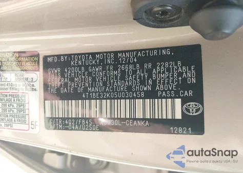 2005 Toyota Camry Le из США, поврежденный, VIN 4T1BE32K05U030458